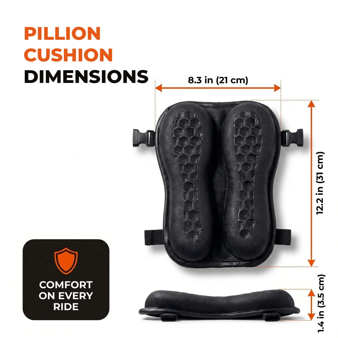 Pillion cushion dimensions: 8.3 in (21 cm) × 12.2 in (31 cm) × 1.4 in (3.5 cm)