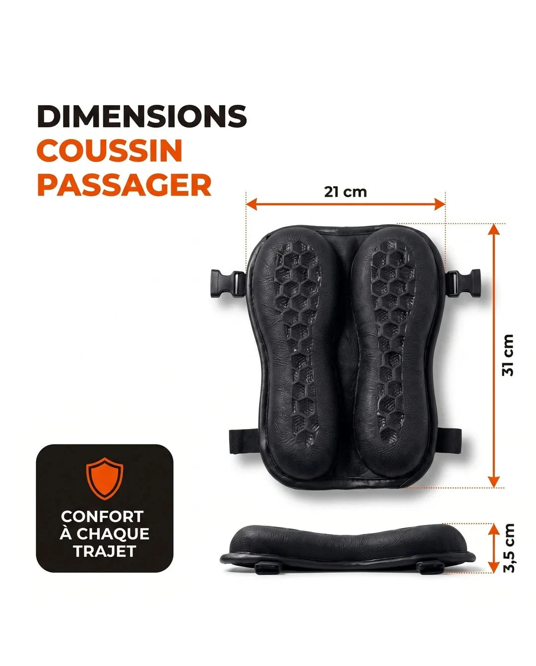 Coussin passager, dimensions : 21 × 31 × 3,5 cm