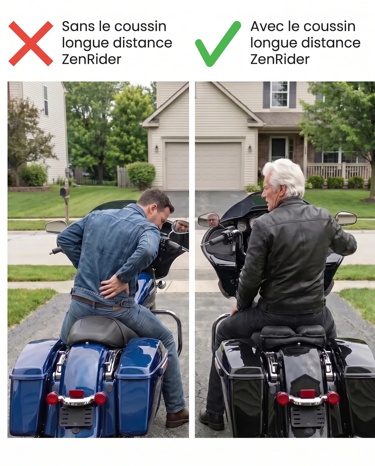 Sans et avec le coussin longue distance ZenRider — comparaison